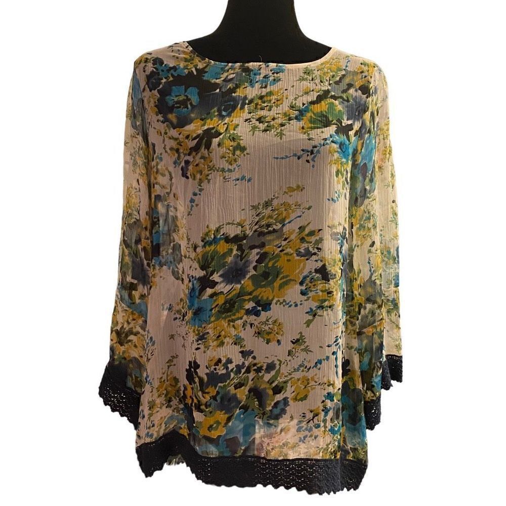 Grace Elements Sheer Floral Tunic‎ with Crocheted Trim Size M